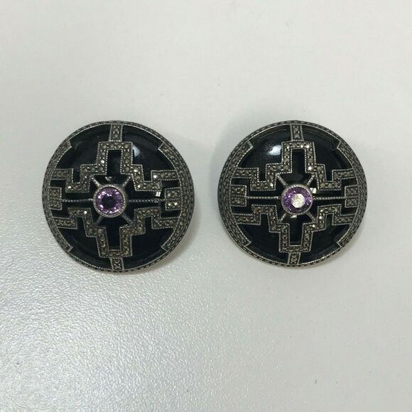 Vintage Sterling‎ Onyx Marcasite Amethyst Earrings Round Clip On 1 1/4" Around - Picture 1 of 6